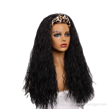 wholesale black long water wave air synthetic hair wig with leopard prine  headband for  women